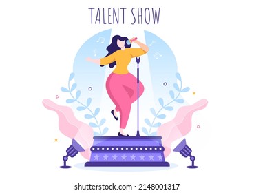Talent Show with Contestants Displaying their Skill on Stage or Podium in Front of Judges Judging them in Cartoon Illustration