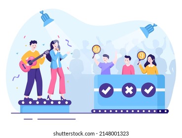 Talent Show with Contestants Displaying their Skill on Stage or Podium in Front of Judges Judging them in Cartoon Illustration