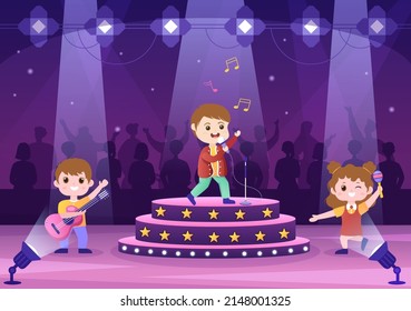 Talent Show with Contestants Displaying their Skill on Stage or Podium in Front of Judges Judging them in Cute Cartoon Illustration