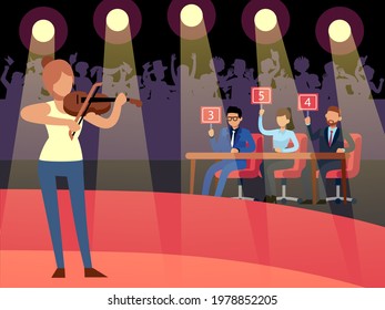 Talent show. Creative competition. Woman playing violin. Jury evaluates performance and give marks. Spotlights illuminate stage. Television musical program. Vector musician contest