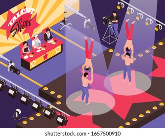 Talent show event isometric composition with 2 pairs contesting acrobats performing before judging panel background vector illustration 
