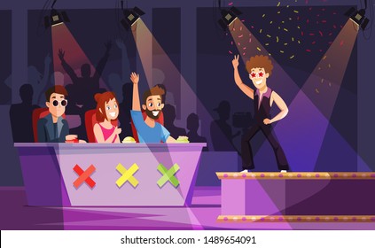 Talent show flat vector illustration. Dancer performing on stage, celebrity judges pressing buttons drawing.