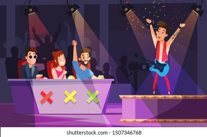 Talent show flat vector illustration. Rock star performing on stage, celebrity judges pressing buttons drawing. Musician playing guitar cartoon character