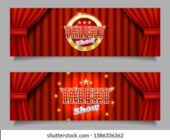 Talent Show Horizontal Vector Banner Template Set. Talent Show Signage With Lights On Realistic Red Velvet Curtains. Talent Contest, Competition Concept.