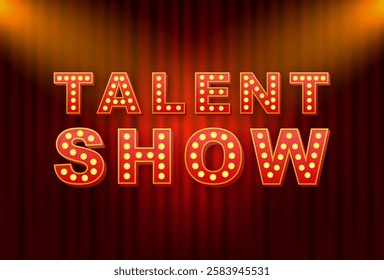 Talent show illuminated by spotlights on red curtain