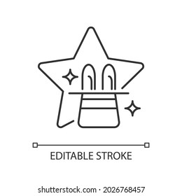 Talent show linear icon. Rabbit and hat magic trick. Magician cap. Illusionist program. Thin line customizable illustration. Contour symbol. Vector isolated outline drawing. Editable stroke