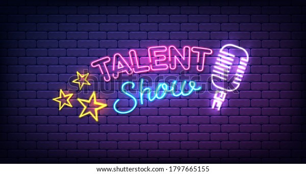 Talent show neon sign banner, poster, with\
stars and microphone, bright signboard, advertising or invitation,\
event, vector\
illustration.