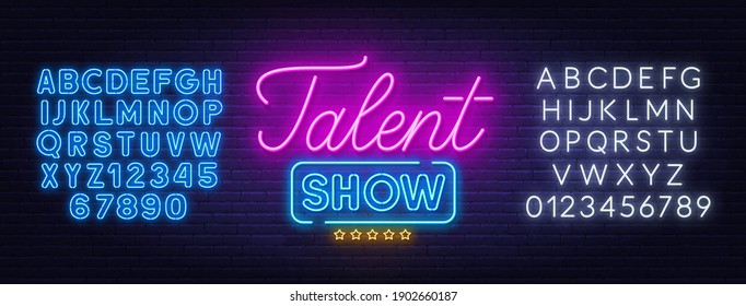 Talent show neon sign on brick wall background.