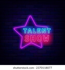 Talent show neon signboard. Star shape frame. Celebrity competition. Shiny typography on brick wall. Concert and award. Glowing banner. Editable stroke. Vector stock illustration