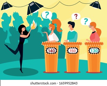 Talent Show Performance oder intellektuelles Quiz Spiel mit Girl Tanz mit Feuer in den Händen, Leute Stand auf Tribunes mit Scoreboards und Fragezeichen in Speech Bubbles. Illustration zur flachen Vektorillustration von Cartoon