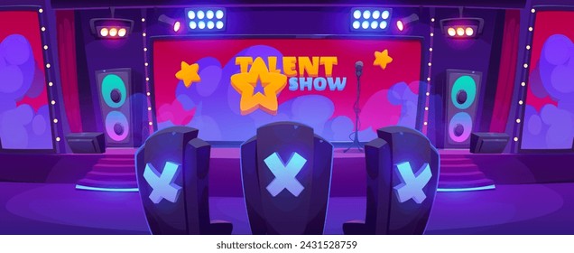 Talent show setup in big hall with micro and loudspeakers on scene, large screen, chairs of jury, spotlights. Cartoon vector of empty competition and contest stage.