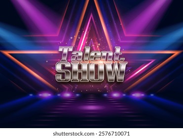 Talent Show sign on shiny scene background illuminated spotlights. Vector illustration.