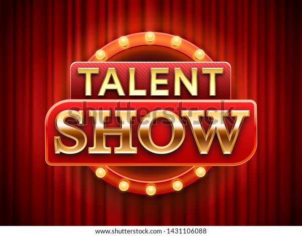Talent
show sign. Talented stage banner, snows scene red curtains and
event invitation poster. Theater performance banner, talent day
festival curtain chalkboard vector
illustration