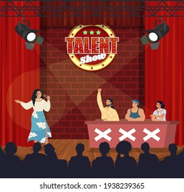 Talent Show. Singer, Young Woman Singing In Front Of Live Audience And Jury, Flat Vector Illustration. Tv Talent Show Contestant Performing On Theatre Stage With Microphone. Television Contest.