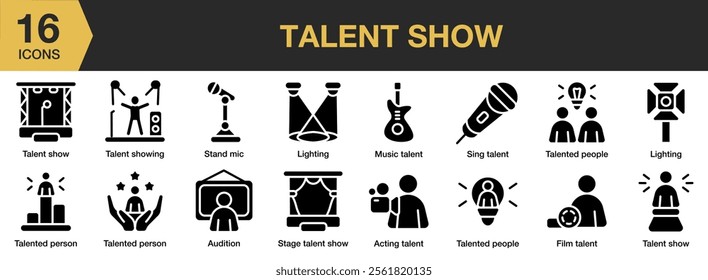 Talent Show solid icon set. Includes music, sing, lighting, acting, mic, audition, and More. Solid icons vector collection.