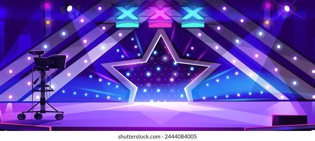 Talent show stage with camera and spotlights. Vector cartoon illustration of empty scene with neon illumination and star decoration, jury vote signs on top, tv studio interior ready for live broadcast