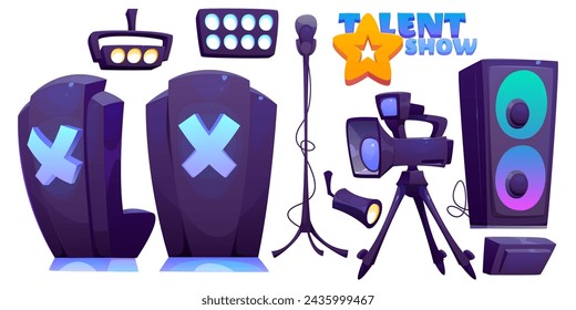 Talent show stage equipment set isolated on white background. Vector cartoon illustration of jury armchairs, microphone, video camera, loudspeakers, floodlight lamps for song or dance contest studio