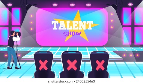 Talent show stage. Musical auditions tv reality audience cartoon background, television program studio podium voice songs screening chairs celebrity jury classy vector illustration of show tv stage