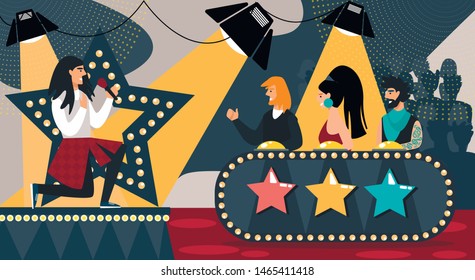 Talent Show Vector Illustration. Cartoon Boy Holding Microphone in Hand, Sing Song. Man Woman in Jury Judge. Musical Contest, Singer Performance, Vocal TV Competition, Television Show, Audition