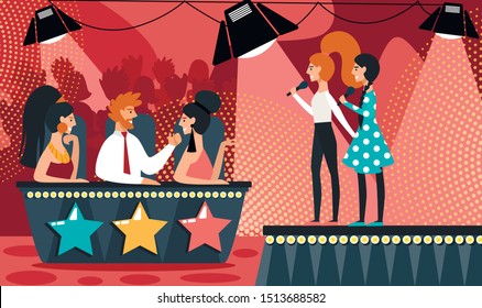 Talent Show Vector Illustration. Cartoon Girls Duet With Microphone Sing Song. Man Woman In Jury Judge. Musical Duo Performance, Vocal TV Competition, Television Show, Audition Contest