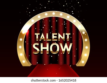Talent show vector poster template. Empty theatrical stage with Talent show signage with lights on red curtain and seats for spectators.