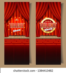 Talent show vertical vector banner template set. Talent show sign with light bulbs on realistic red velvet curtains, wooden theater stage and seats for audience. Talent contest, competition concept.