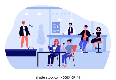 Talent singer singing on restaurant or cafe stage. Man performing vocal live concert in front of audience flat vector illustration. Music show concept for banner, website design or landing web page