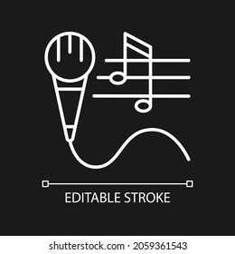 Talent for singing white linear icon for dark theme. Vocal lessons and training. Performing song. Thin line customizable illustration. Isolated vector contour symbol for night mode. Editable stroke