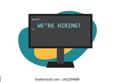 Talent software developer search. Job posting. Monitor with progamming lanugage machine code that prints we're hiring words. Recruitment design concept. Vector illustration