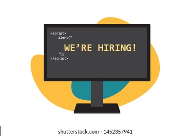 Talent software developer search. Job posting. Monitor with progamming lanugage machine code that prints we're hiring words. Recruitment design concept. Vector illustration