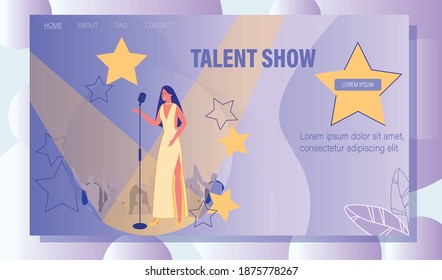Talent TV Show and Grant Concert. Beautiful Young Woman Wearing Long Dress Singing Song in Microphone. Winner Vocal Singer Performing on Stage. Landing Page in Star Design. Vector Illustration
