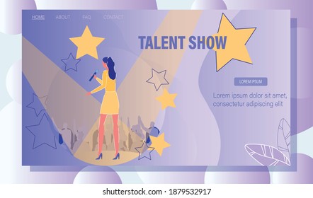 Talent TV Show Startup Announcing Landing Page. New Pop Star Vocal Singer Creation. Young Woman Singing in Microphone on Stage Front of Audience. Entertainment Television Program. Vector Illustration