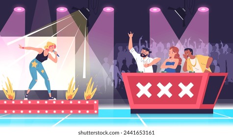 Talent tv show. Talented performer singing on stage singer contest, voice assessment judge people musical award television reality jury songs audition, vector illustration of performer tv talent