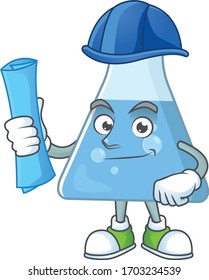 Talented Architect blue chemical bottle cartoon design style having blue prints