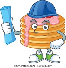 Talented Architect strawberry cream pancake cartoon design style having blue prints