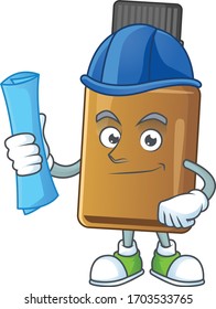 Talented Architect syrup cure bottle cartoon design style having blue prints