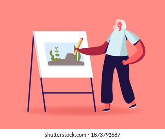 Talented Artist Female Character with Pencil Stand in Front of Easel Canvas Painting Underwater Landscape. Creative Hobby, Drawing Art Class, Workshop, Aquarium Decor. Cartoon Vector Illustration