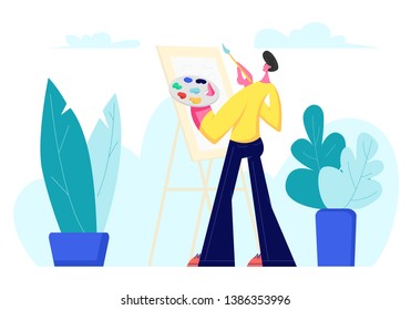 Talented Artist Male Character with Paints Palette and Brush in Hands Stand in Front of Easel Canvas Painting Outdoors, Creative Hobby, Drawing on Plein Air, Art Class Cartoon Flat Vector Illustration