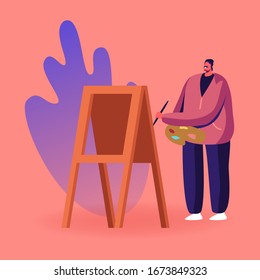 Talented Artist Male Character with Paints Palette and Brush Stand at Easel Canvas Painting, Choose Profession by Heart. Creative Hobby, Drawing on Plein Air, Art Class. Cartoon Vector Illustration