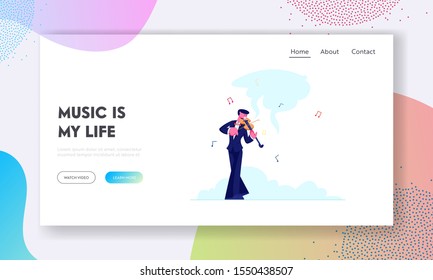 Talented Artist Performing on Scene Website Landing Page. Violinist in Concert Costume Playing Musical Composition on Violin for Symphonic Orchestra Web Page Banner. Cartoon Flat Vector Illustration
