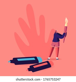 Talented Artist Tiny Female Character with Huge Brush in Hands and Markers Prepare to Create Painting Art. Creative Hobby, Drawing Class, Woman Express Talent Concept. Cartoon Vector Illustration