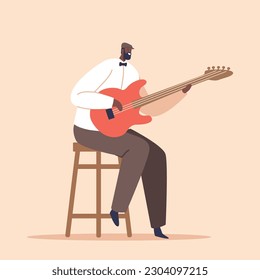 Talented Black Musician Character Performing Soulful Jazz Music On Guitar, Captivating The Audience, Vector Illustration