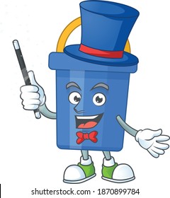 Talented blue sand bucket Magician cartoon mascot design style. Vector illustration