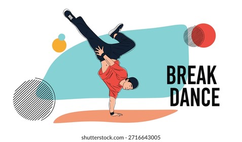 Um dançarino talentoso executa um movimento impressionante de um braço contra um pano de fundo de formas geométricas e círculos coloridos.