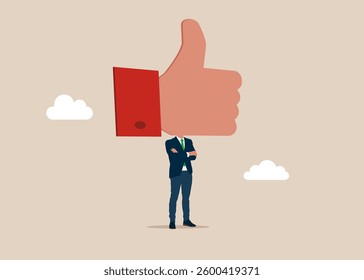 A talented businessman with a thumb up shape instead of a head on shoulders. Succeed in work. People like. Rating, survey, marketing, business success. Positive feedback. Flat vector illustration