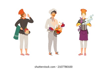 Talented chefs cooking tasty dishes of haute cuisine set vector illustration