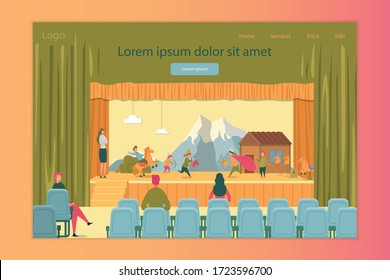 Talented Children Artist Theater Performance On Stage Responsive Landing Page Design. Recreation And Amusement Spare Time. Young Actor Course. Theatrical Camp. Presentation Vector Illustration