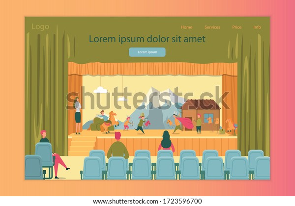 Talented Children Artist Theater Performance\
on Stage Responsive Landing Page Design. Recreation and Amusement\
Spare Time. Young Actor Course. Theatrical Camp. Presentation\
Vector Illustration