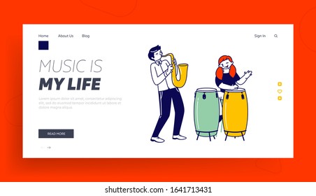 Talented Children Artists Study in Musical School Website Landing Page. Girl Drummer and Boy Saxophone Player Playing Musical Pop or Jazz Composition Web Page Banner. Cartoon Flat Vector Illustration