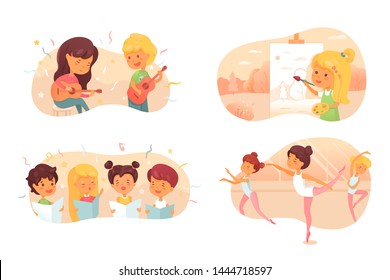 Talented children flat vector characters set. Cute teenagers playing guitars. Art school pupil drawing picture in open air. Cartoon kids singing in choir. Adorable ballerinas training at dance class